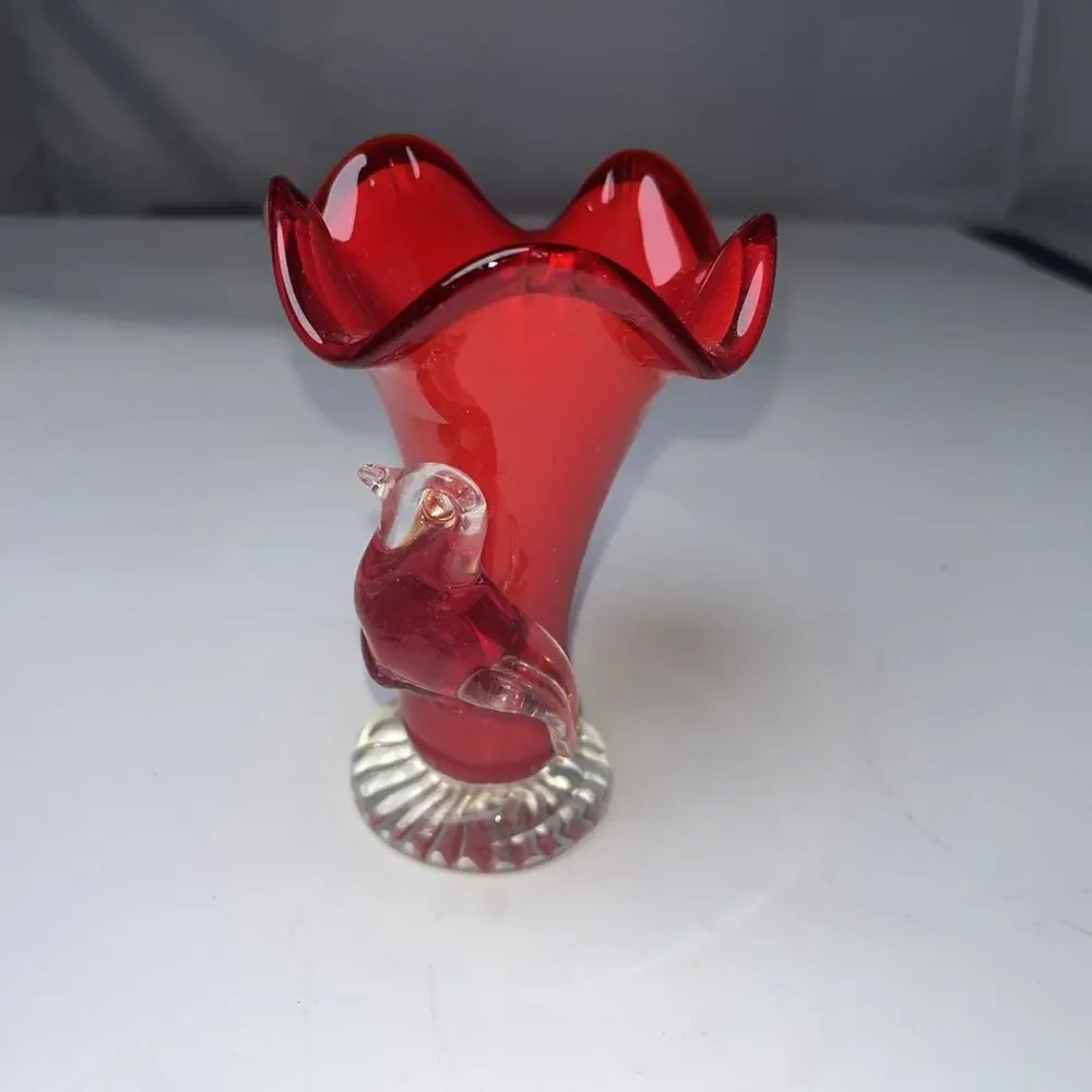 Vintage Blown Art Glass Vase Ruffled Edge w/ Applied Glass Bird 4.5" Murano - Picture 1 of 7